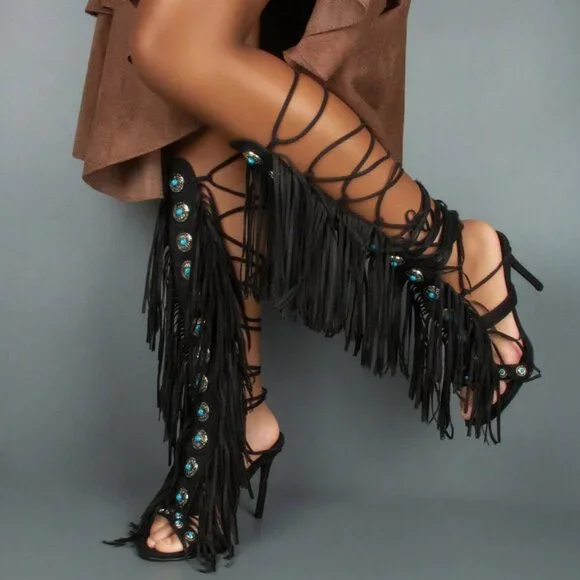 Black Bohemian Women'sGemstone Straps Fringe Detail Knee High Stiletto Boots f - Picture 3 of 10